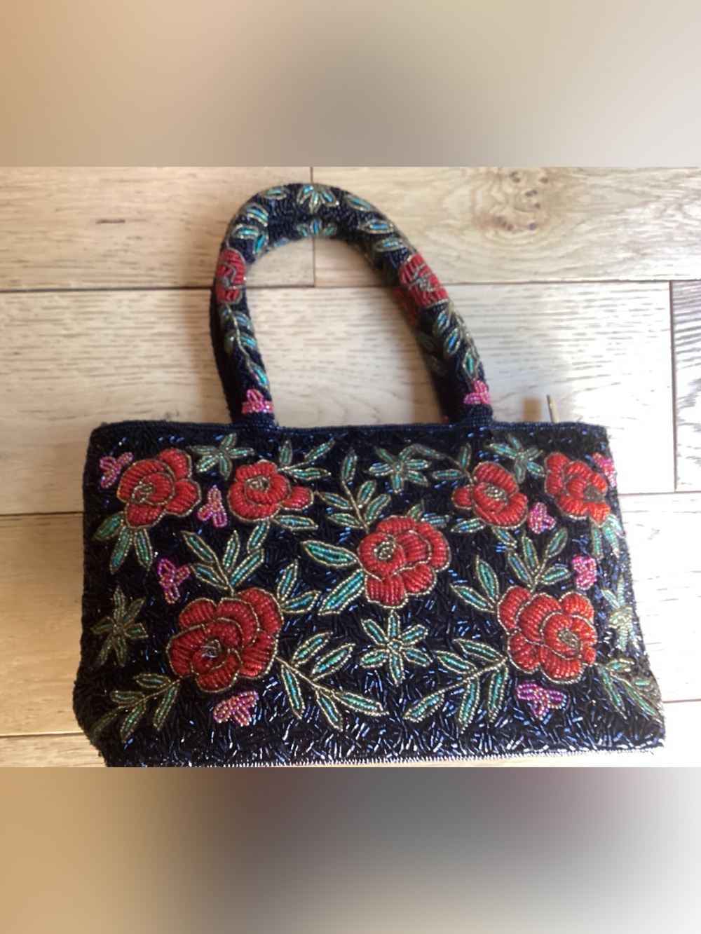 Vintage black and red beaded floral purse